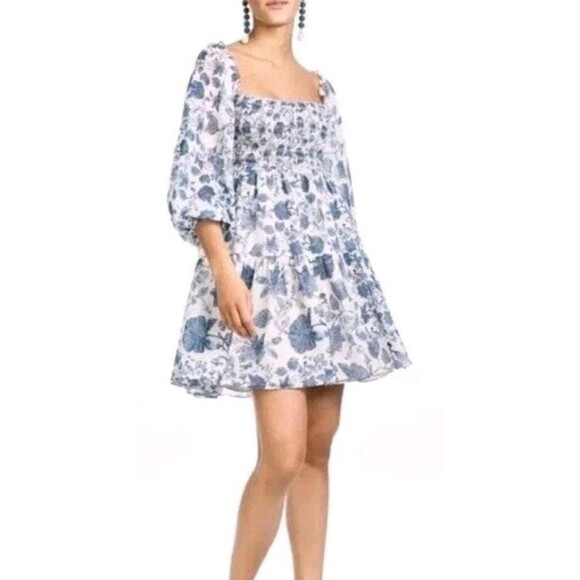 Sachin & Babi Dress Sz Small Blue Floral Shirred Mini w/ Baloon Sleeve Lined NWT - Picture 16 of 16